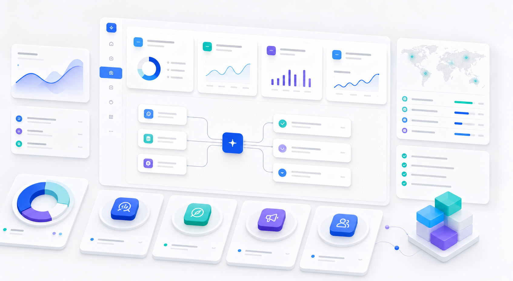 A clean AI growth system dashboard with score cards, workflow nodes, visibility signals, and checklist modules.