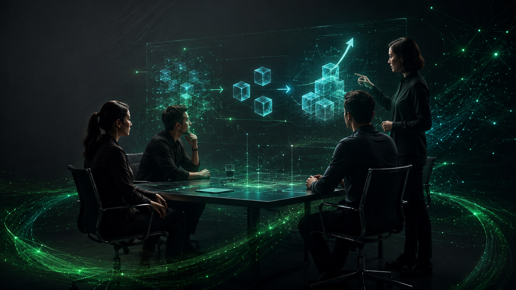 Small business team reviewing an AI-assisted growth system with digital workflow visuals.